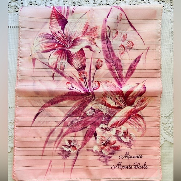 Vintage 1970s Scarf Sheer Oblong:  Monaco Monte Carlo Printed, Pink Rose Floral - Picture 3 of 15